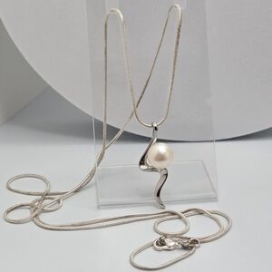 Freshwater White Real Pearl Necklace 30” Sterling Plated Snake Chain NWOT